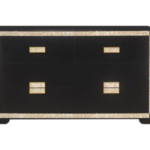A black dresser with gold trim and four drawers.