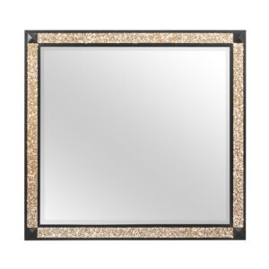 A mirror with a wooden frame and metal accents.