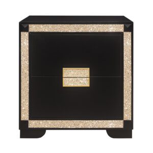 A black and gold nightstand with two drawers.