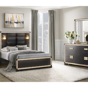 A bedroom with a bed, dresser and mirror.