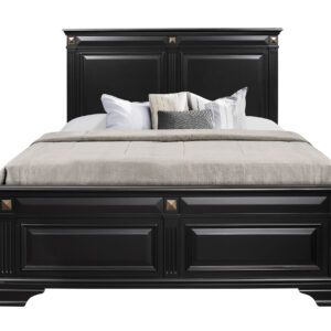 A black bed with white sheets and pillows.