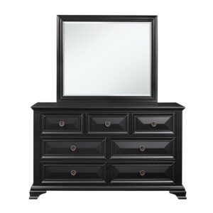 A black dresser with a mirror on top of it.