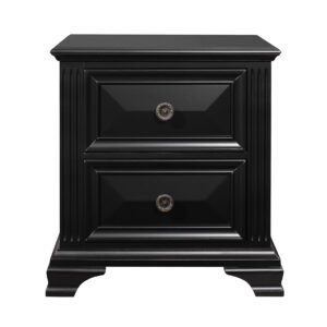 A black nightstand with two drawers and a metal knob.