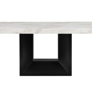 A table with black legs and white top.