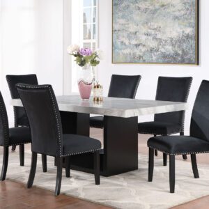 A dining room table and chairs set with black leather.